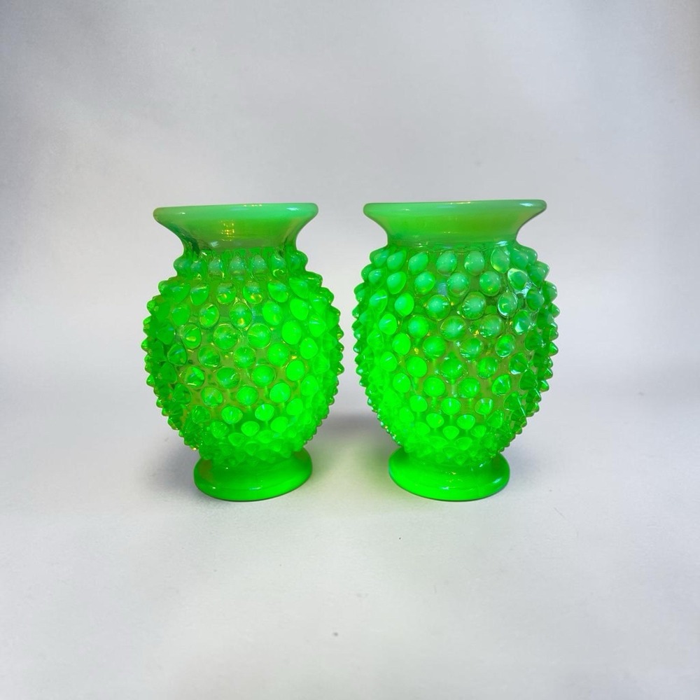 1940's Fenton Green Uranium Opalescent Mini Vase Pair.